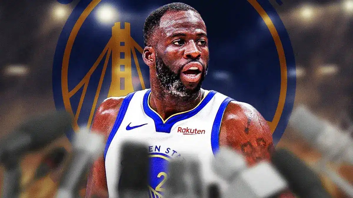 Warriors star Draymond Green in front of microphones