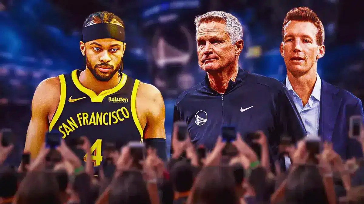Warriors' Moses Moody, Steve Kerr and Mike Dunleavy Jr.