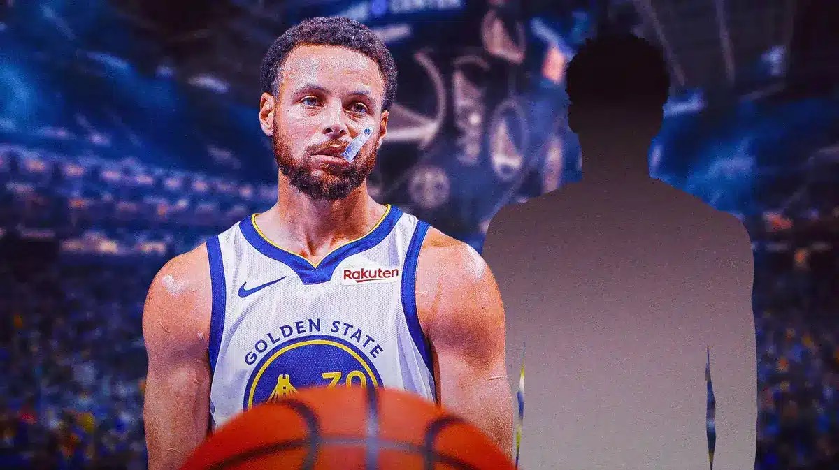 Warriors guard Steph Curry and a silhouette or Ryan Rollins