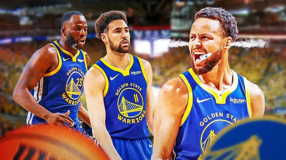 Stephen Curry with steam coming out of his ears looking at Draymond Green, Klay Thompson