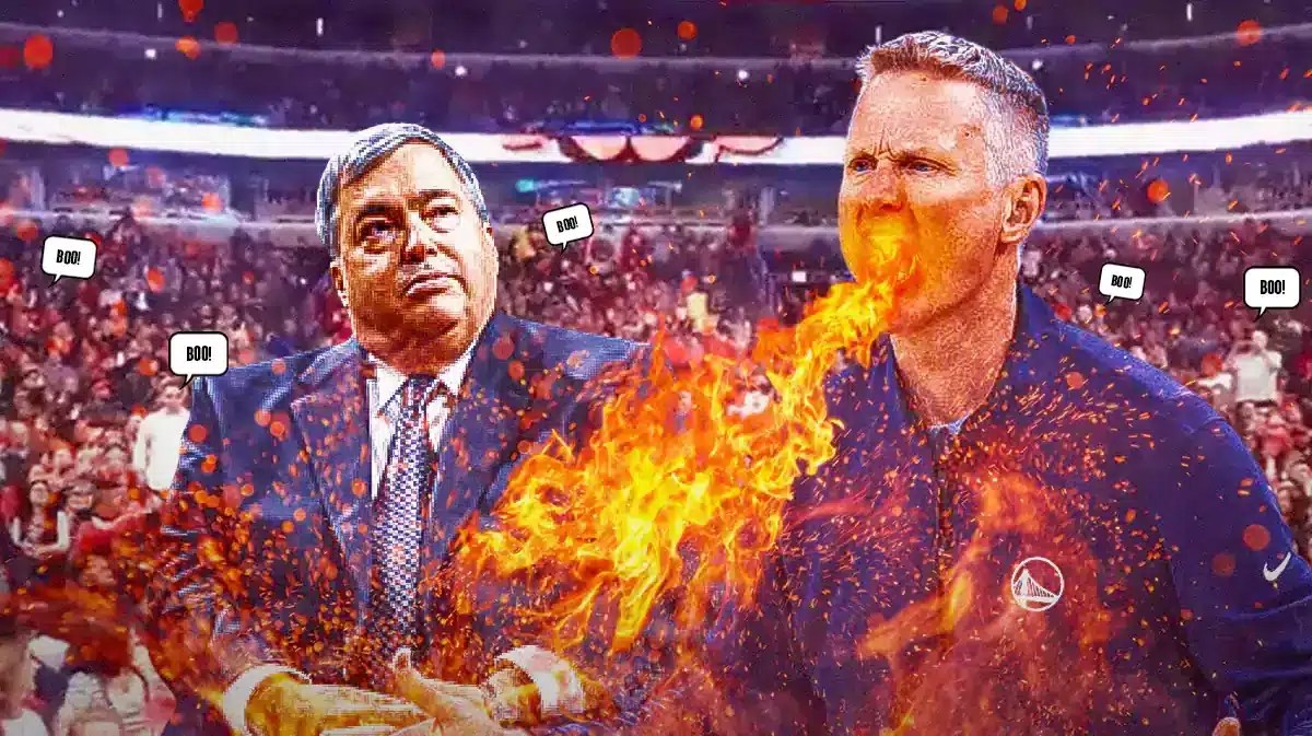 Golden State Warriors HC Steve Kerr angry with fire coming out of his mouth. Jerry Krause at the back. Bulls fans booing in the background
