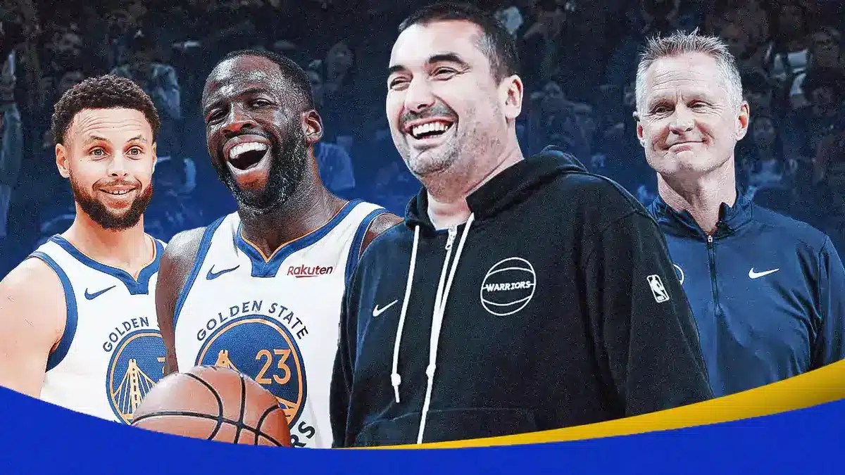 Warriors' Stephen Curry, Draymond Green, Dejan Milojevic and Steve Kerr