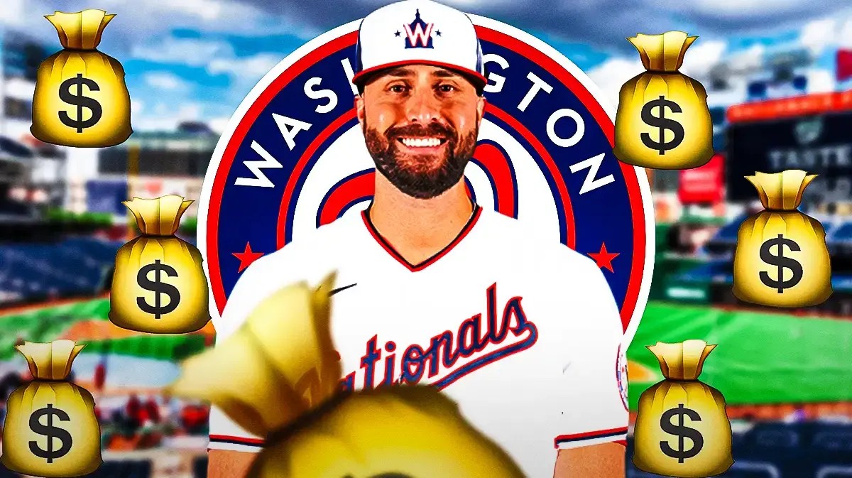 Joey Gallo wearing a Nationals logo in front of Nationals Park