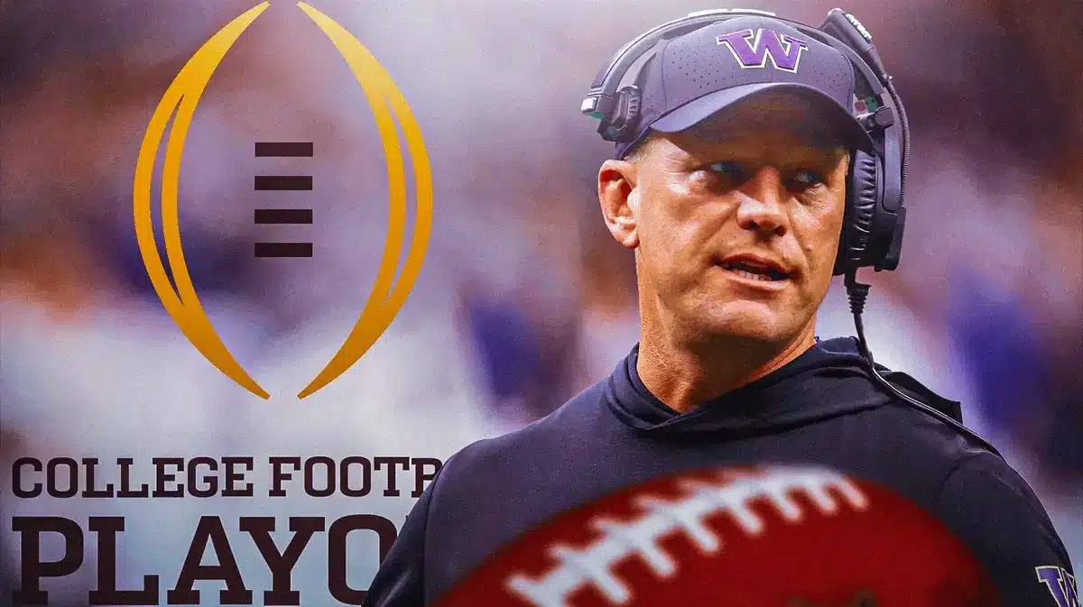Photo: Kalen DeBoer in Washington gear with CFP logo in the background