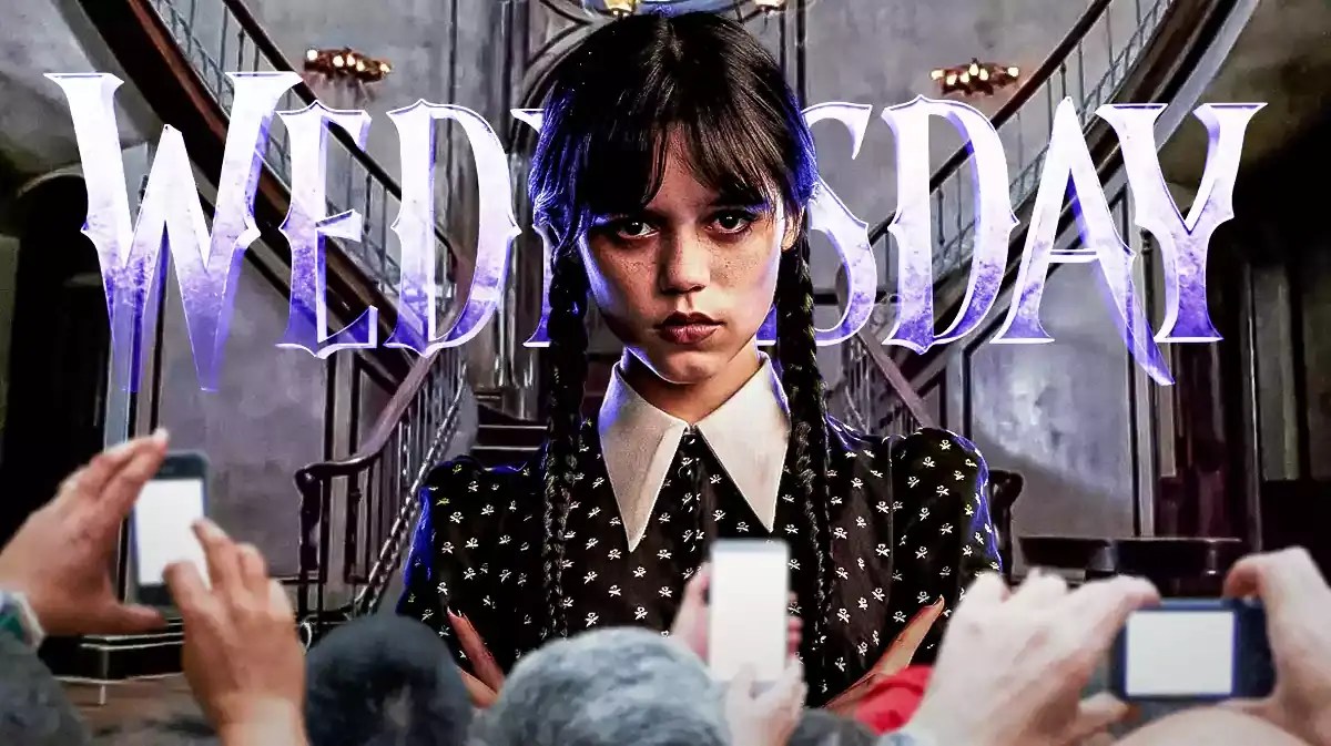 Jenna Ortega as Wednesday Addams and Wednesday Season 2 logo.