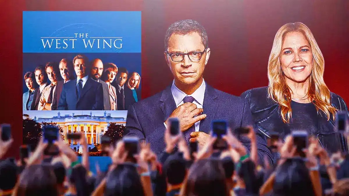 The West Wing poster on the left, Joshua Malina and Mary McCormack on the right, a crowd with their phones up in front.