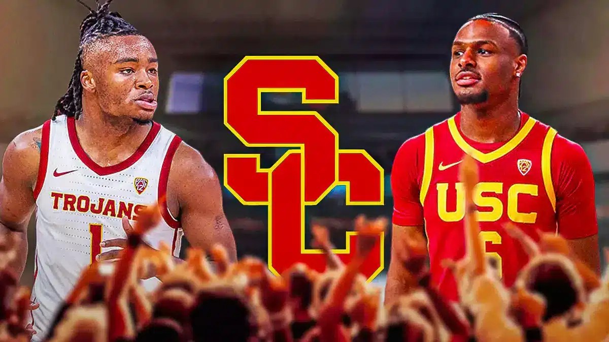 Photo: Isaiah Collier in USC jersey with Bronny James in USC jersey, USC logo behind them