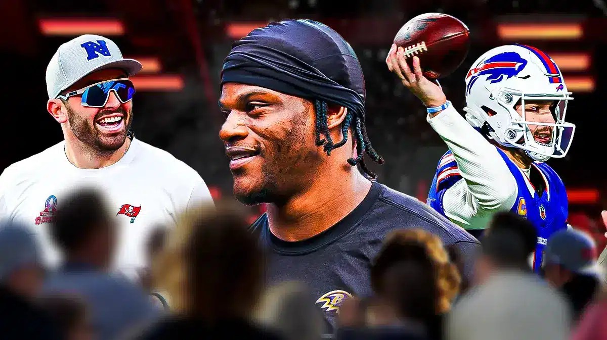 Ravens' Lamar Jackson smiling in front. Buccaneers' Baker Mayfield, Bills' Josh Allen throwing footballs in background.
