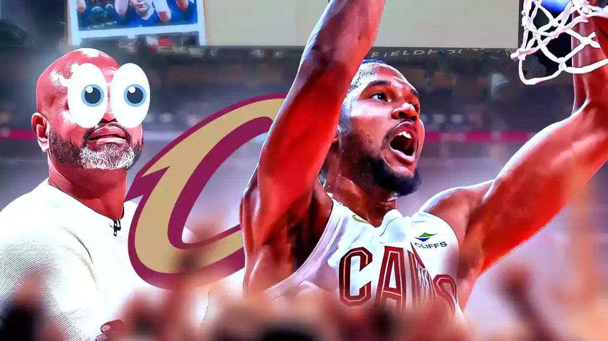 Cavs JB Bickerstaff with emoji eyes in his eyes looking at Evan Mobley dunking
