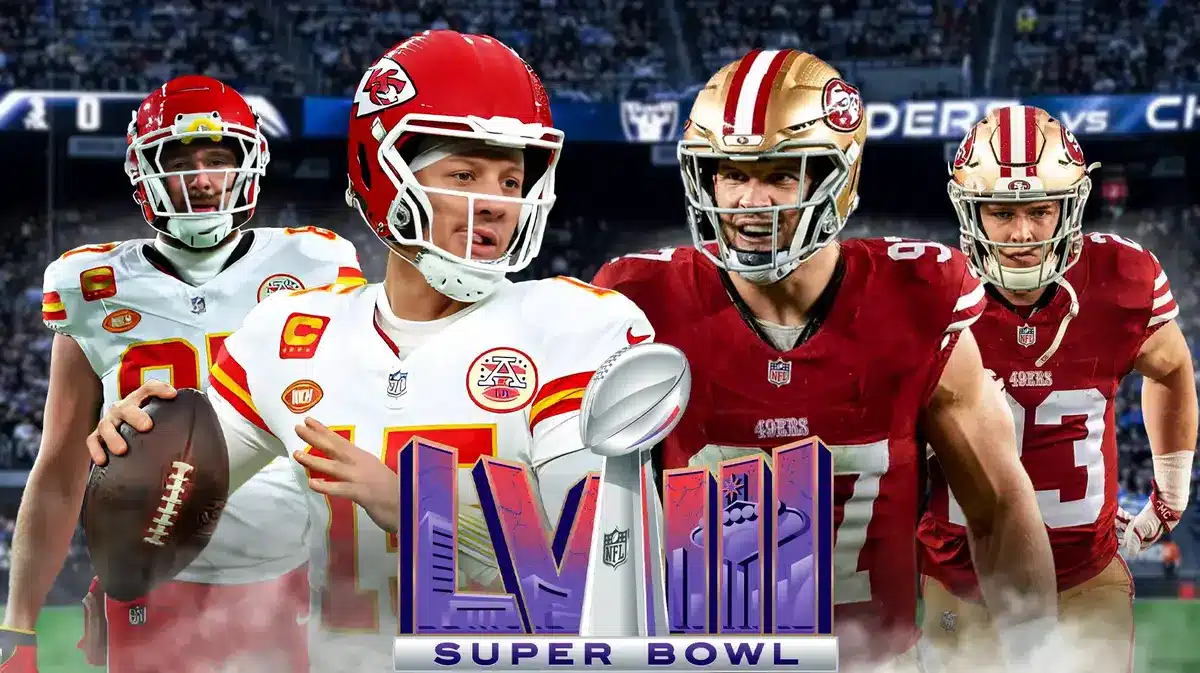 Allegiant Stadium in the background. Super Bowl LVIII logo at the bottom. Patrick Mahomes and Travis Kelce on one side. On the other side is Nick Bosa and Christian McCaffrey