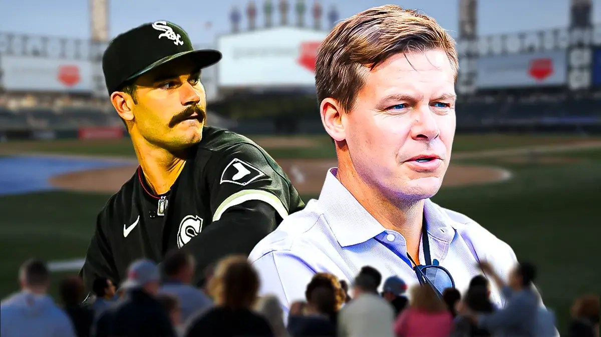 Dylan Cease, White Sox general manager Chris Getz, with Guaranteed Rate Field looming large in back