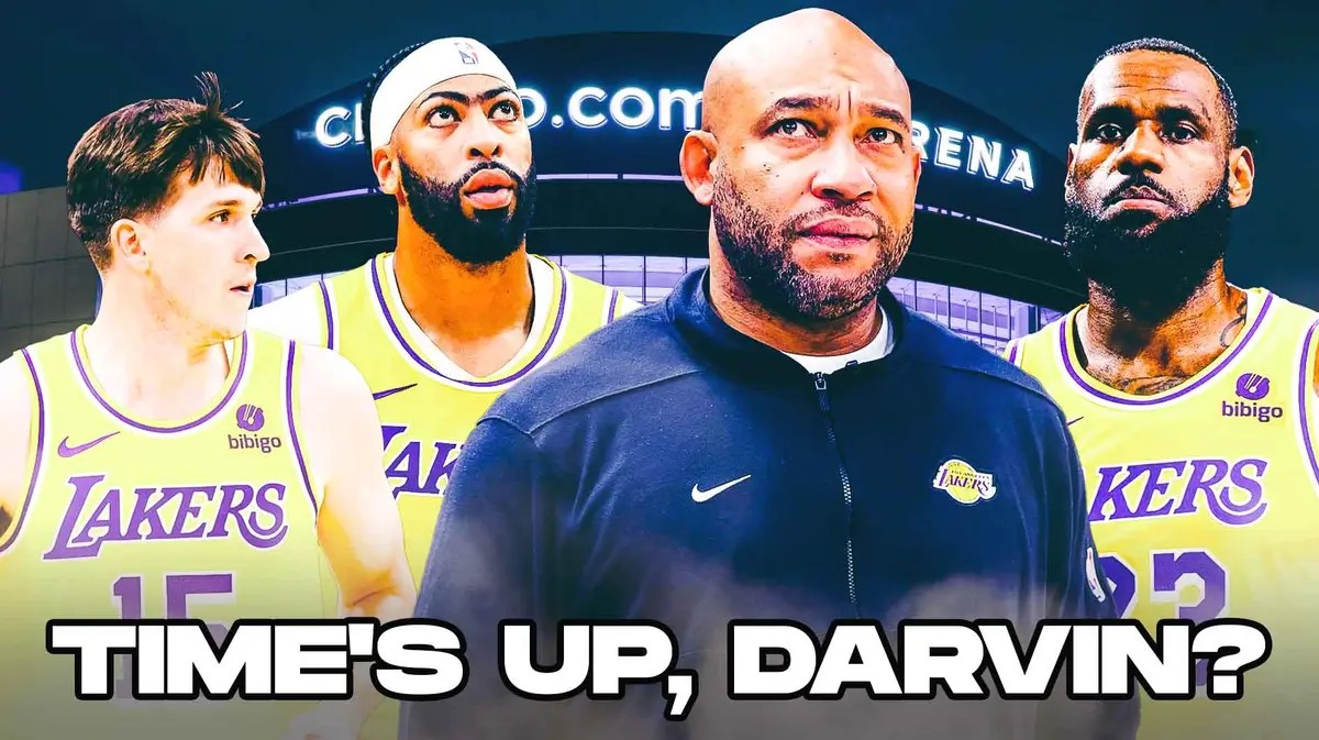 Coach Darvin Ham in the middle, LeBron James, Anthony Davis, Austin Reaves around him, and Lakers wallpaper in the background.