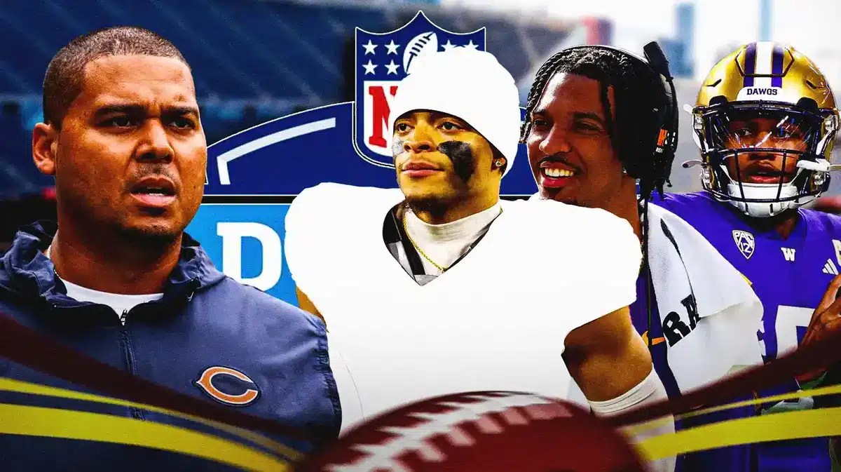 Bears GM Ryan Poles, QB Justin Fields, and 2024 NFL Draft prospects Jayden Daniels and Michael Penix Jr.