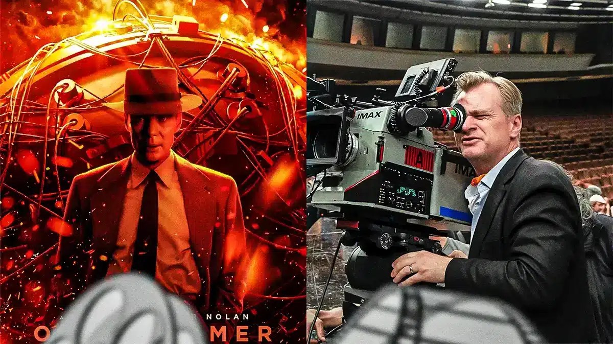 Image of Christopher Nolan behind the camera alongside the movie poster for Oppenheimer