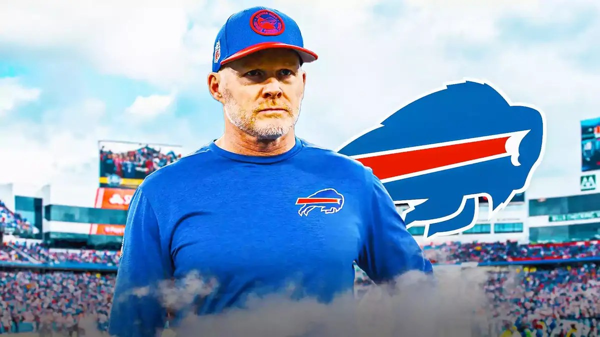 Bills head coach Sean McDermott with Highmark Stadium behind him