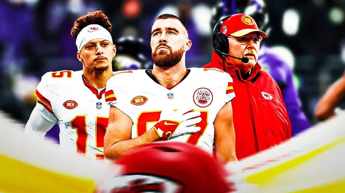 Kansas City Chiefs' Andy Reid, Travis Kelce, Patrick Mahomes.