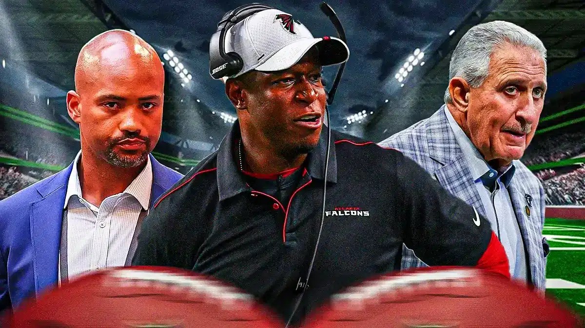 Raheem Morris, Terry Fontenot, Arthur Blank for Falcons