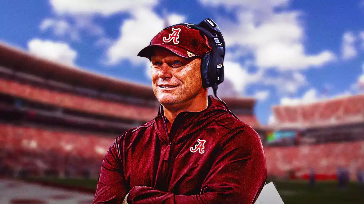 Alabama football, Crimson Tide, Kalen DeBoer, Nick Saban, Washington football, Kalen DeBoer in Alabama gear with Alabama football stadium in the background