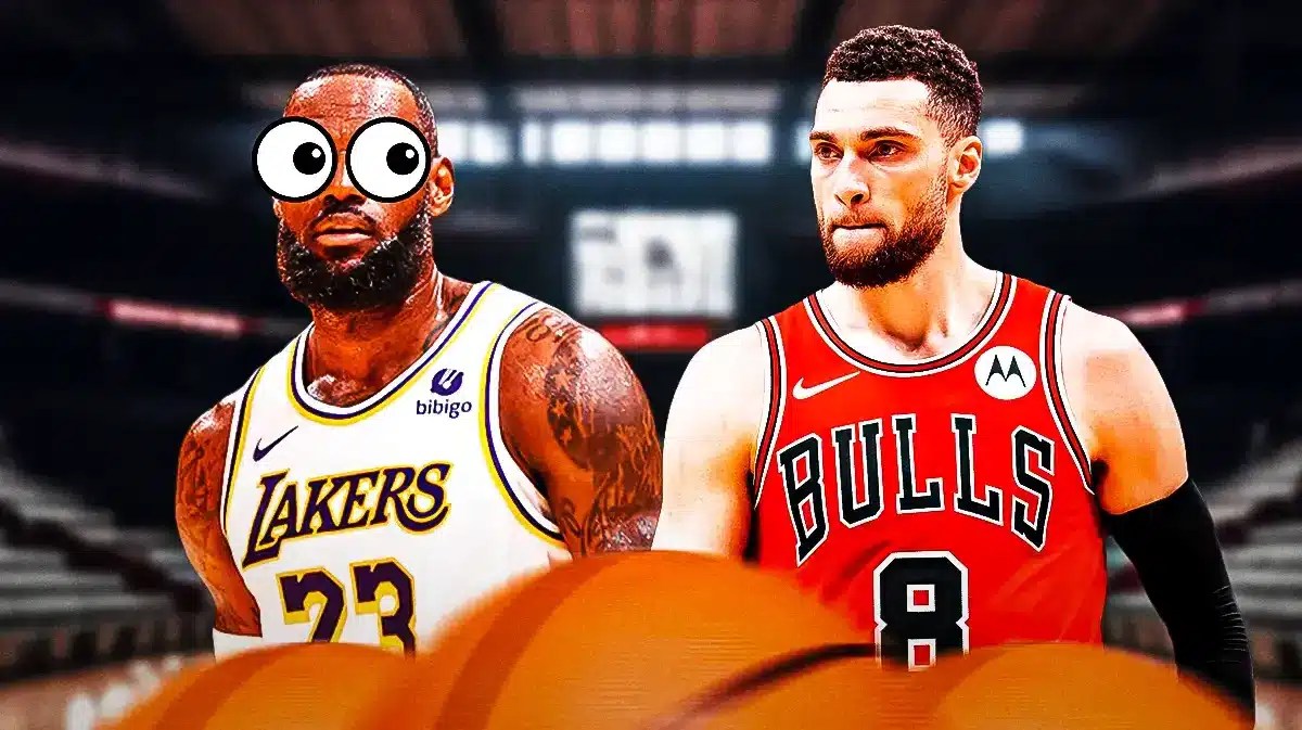 Lakers' LeBron James eyes popping out looking at Bulls' Zach LaVine.