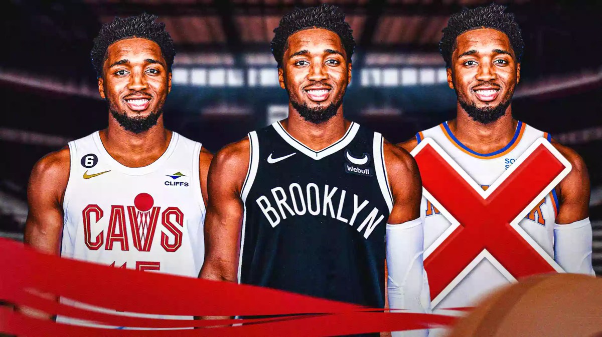Donovan Mitchell in Cavs, Nets, Knicks jerseys, Red X over Knicks