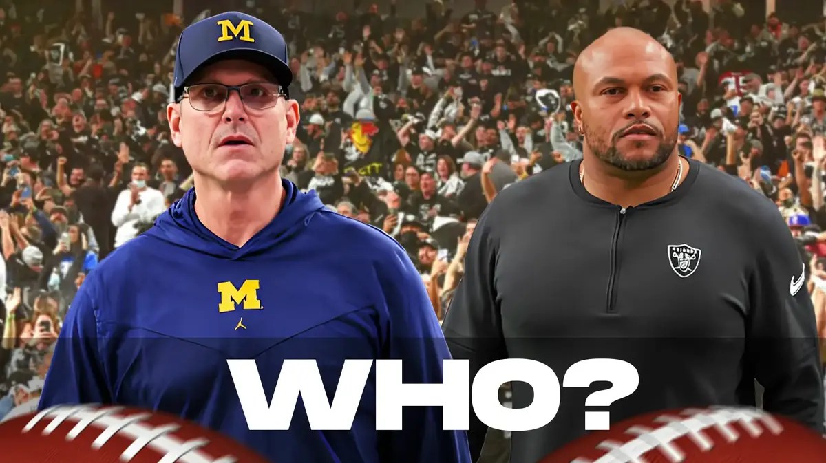 Jim Harbaugh and Antonio Pierce beside each other and Las Vegas Raiders fans in the background.