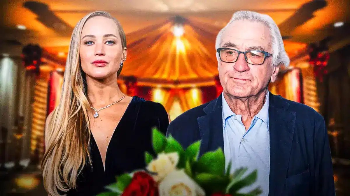 Jennifer Lawrence and Robert De Niro with wedding background.