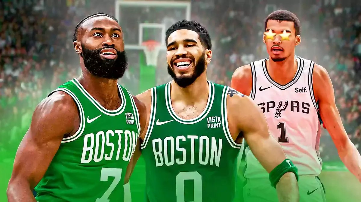 Victor Wembanyama with star in his eyes. Jayson Tatum and Jaylen Brown smiling
