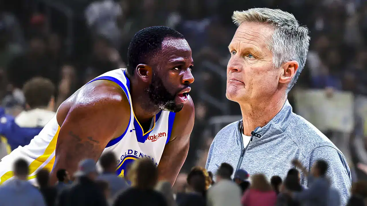 Steve Kerr and Draymond Green with the Warriors arena in the background