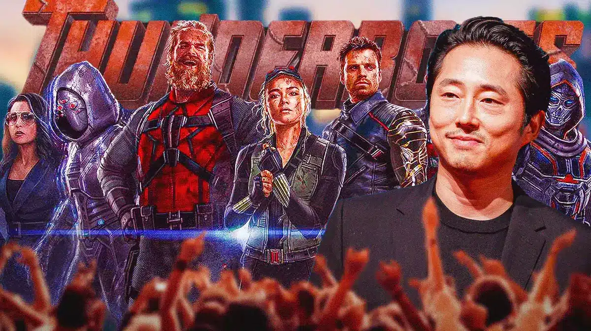 MCU Thunderbolts logo and characters with Steven Yeun.