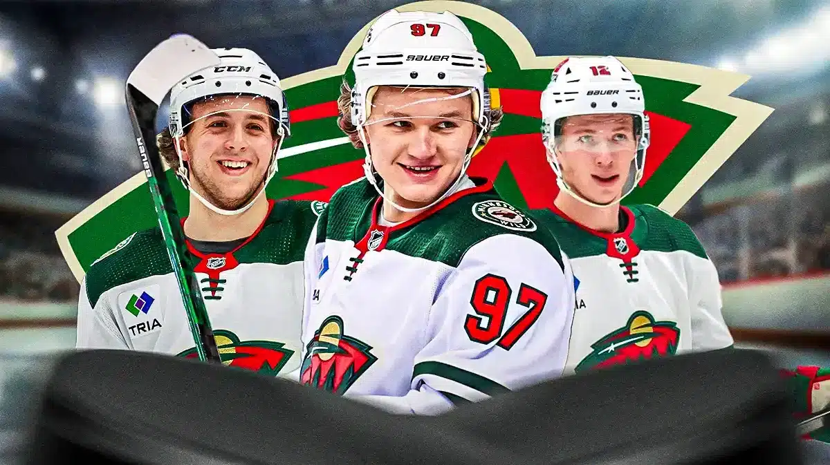 Kirill Kaprizov, Brock Faber and Matt Boldy all in image looking happy, MN Wild logo, hockey rink in background