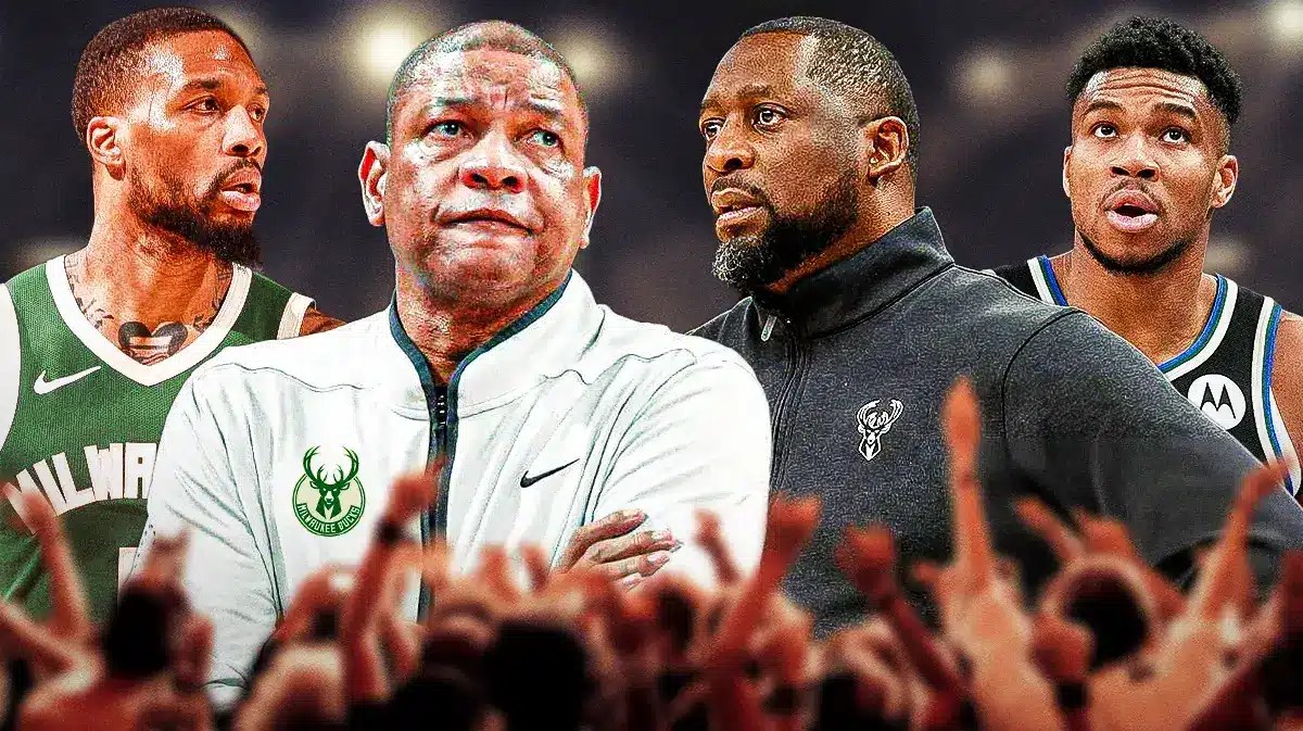 Doc Rivers alongside Adrian Griffin, Giannis Antetokounmpo and Damian Lillard