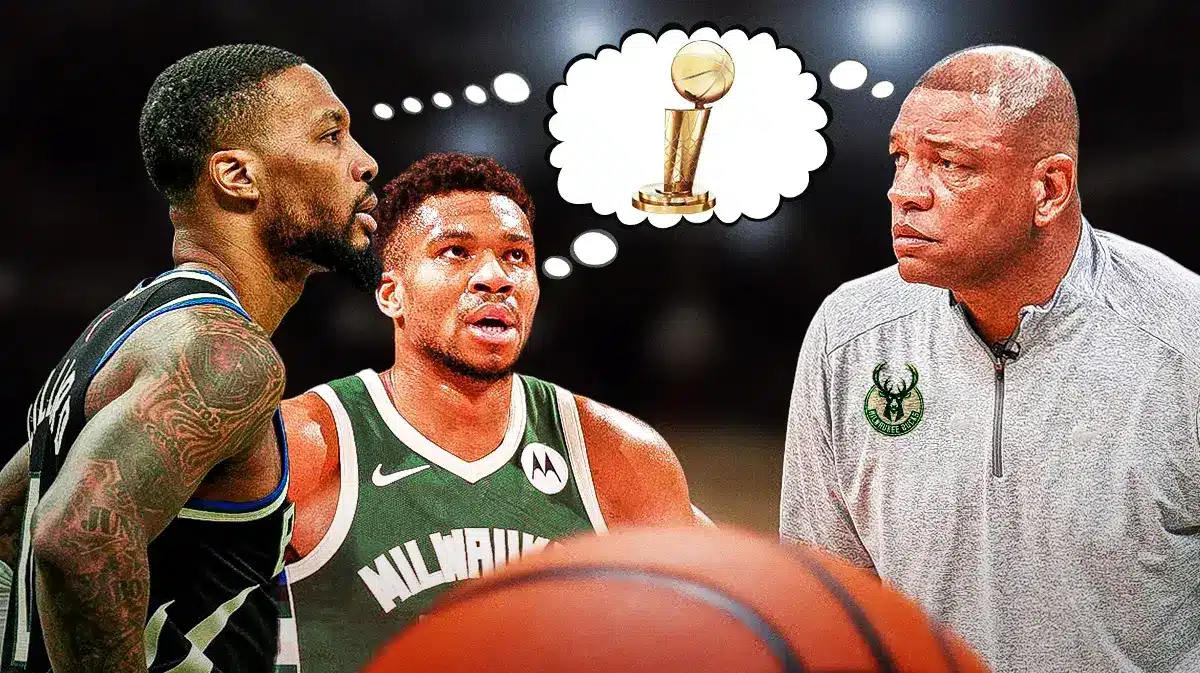 Doc Rivers, Giannis Antetokounmpo and Damian Lillard all thinking about the NBA Finals trophy