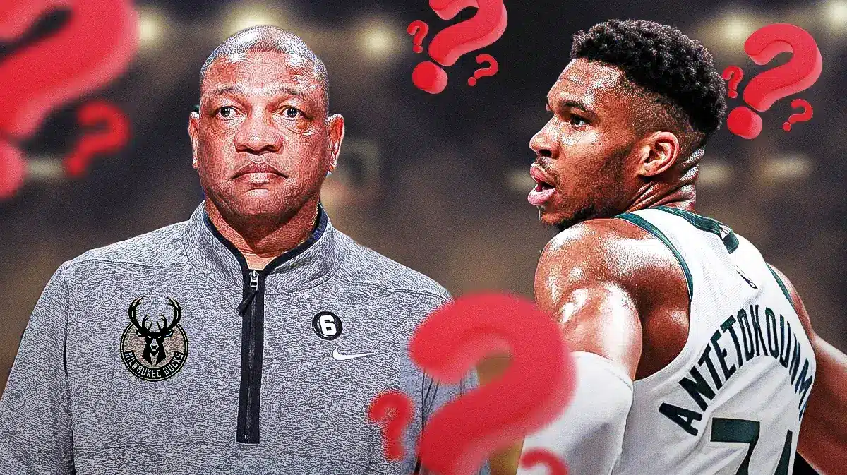 Doc Rivers and Giannis Antetokounmpo surrounded by question marks