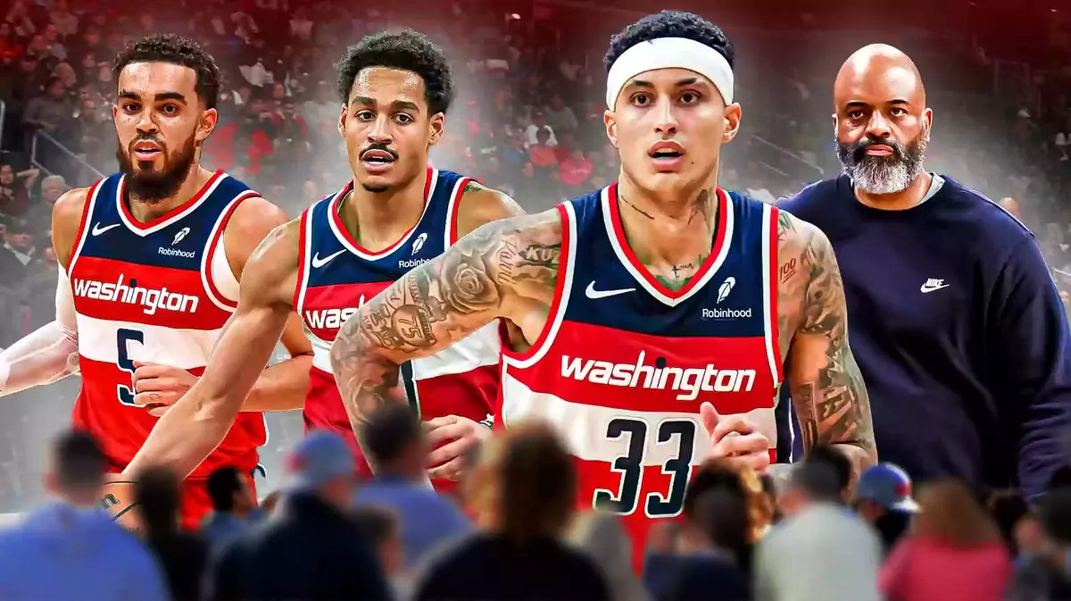 Wizards' Kyle Kuzma alongside Jordan Poole, Tyus Jones, and Wes Unseld Jr.