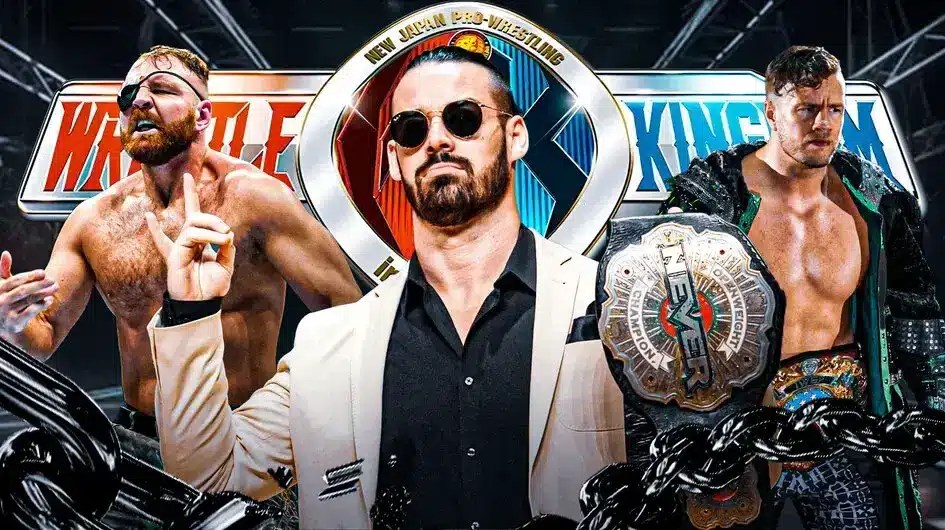 Jon Moxley, David Finlay, and Will Ospreay with the Wrestle Kingdom 18 logo as the background.