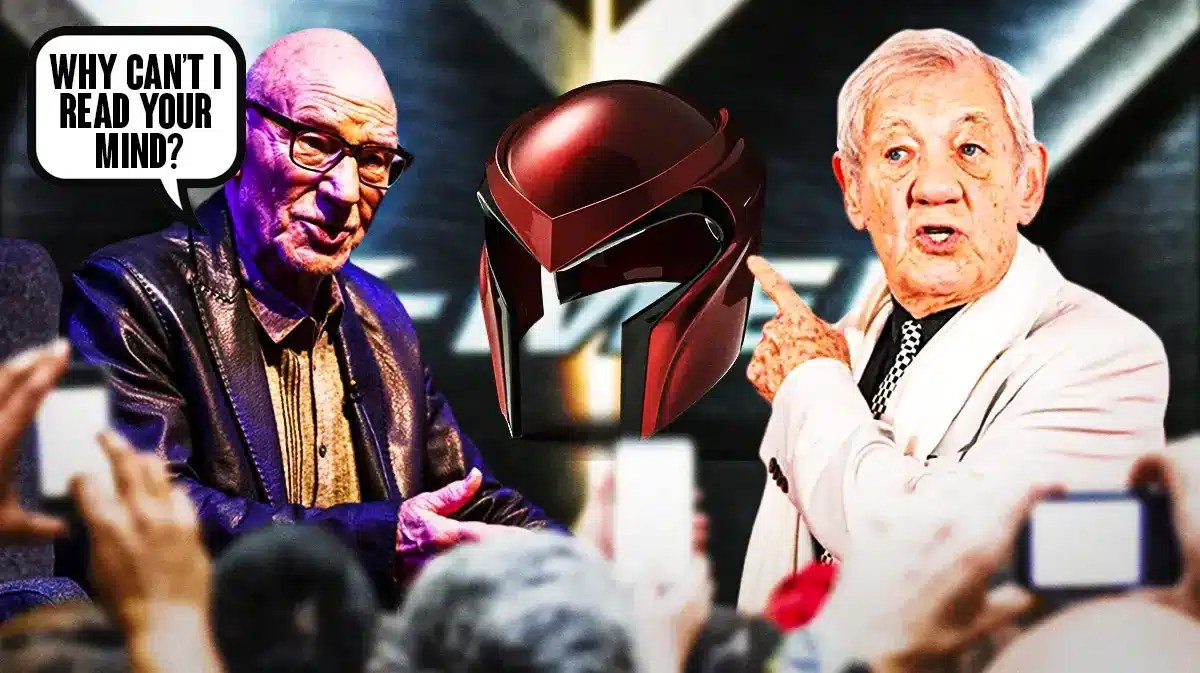 X-Men film logo with Patrick Stewart saying "Why can't I read your mind" and Ian McKellan pointing to Magneto's helmet.