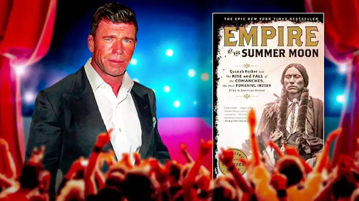 Yellowstone creator Taylor Sheridan next to Empire of the Summer Moon book cover.