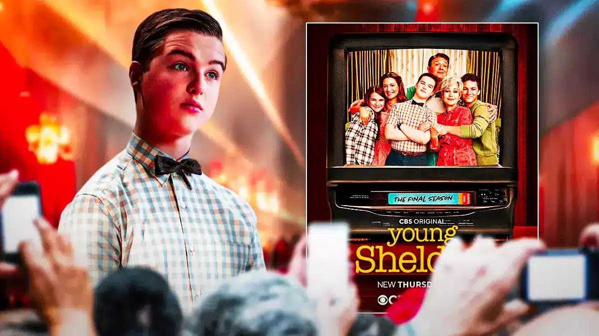 Iain Armitage next to Young Sheldon final season poster.