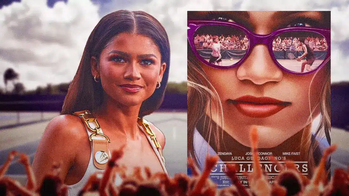 Zendaya next to Challengers poster and tennis court background.