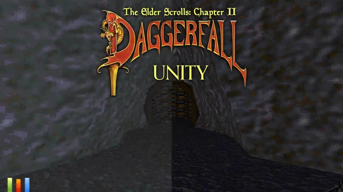 bethesda rpg remaster, daggerfall unity, daggerfall remaster, daggerfall, bethesda, a side by side comparison of Daggerfall and Daggerfall Unity with the Daggerfall Unity logo at the top center