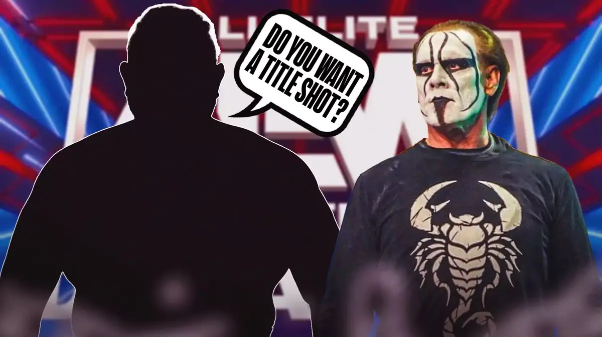 The blacked-out silhouette of Samoa Joe with a text bubble reading “Do you want a title shot?” next to AEW’s Sting with the AEW Dynamite logo as the background.
