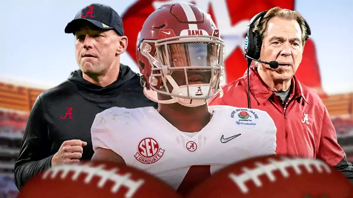 Alabama quarterback Jalen Milroe with current head coach Kalen DeBoer, and former head coach Nick Saban