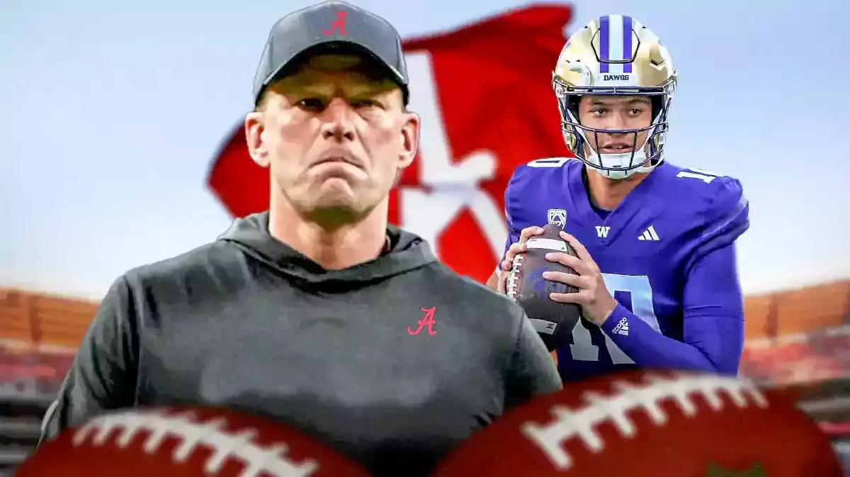 Alabama football coach Kalen DeBoer looking at Austin Mack.