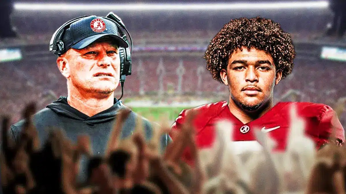 Photo: Kalen DeBoer in Alabama gear with Parker Brailsford in Alabama uniform, and Alabama logo behind them