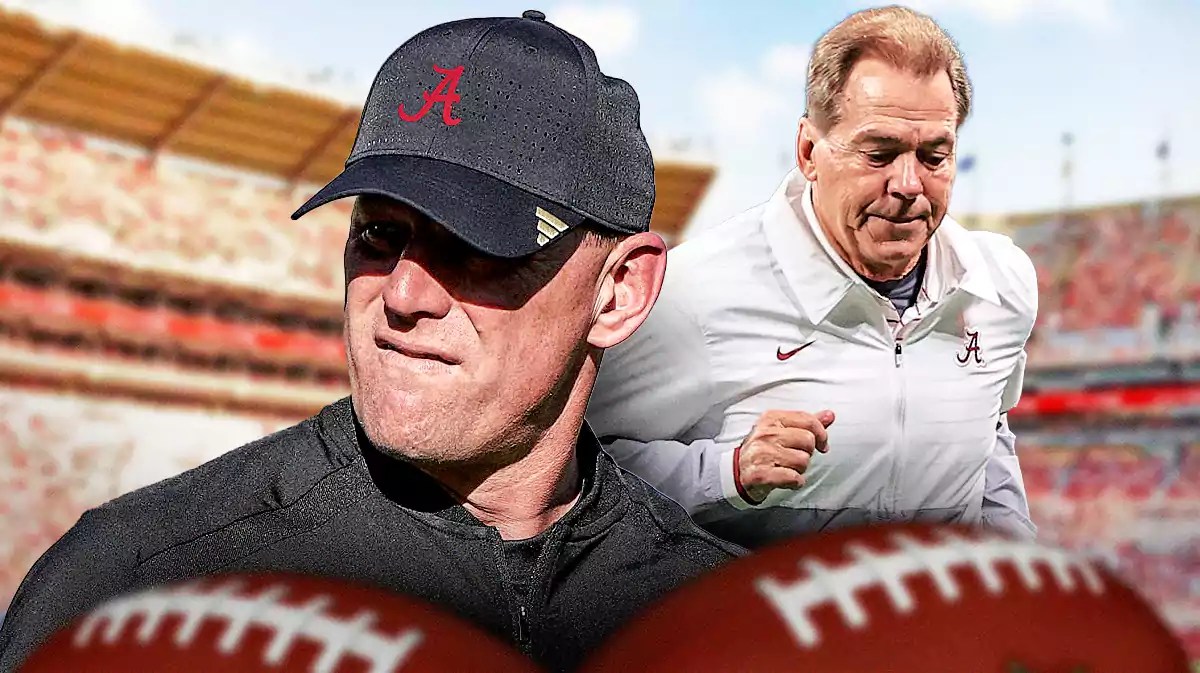 Alabama football, Crimson Tide, Kalen DeBoer, Kalen DeBoer Alabama, Nick Saban, Kalen DeBoer and Nick Saban both in Alabama gear with Alabama football stadium in the background