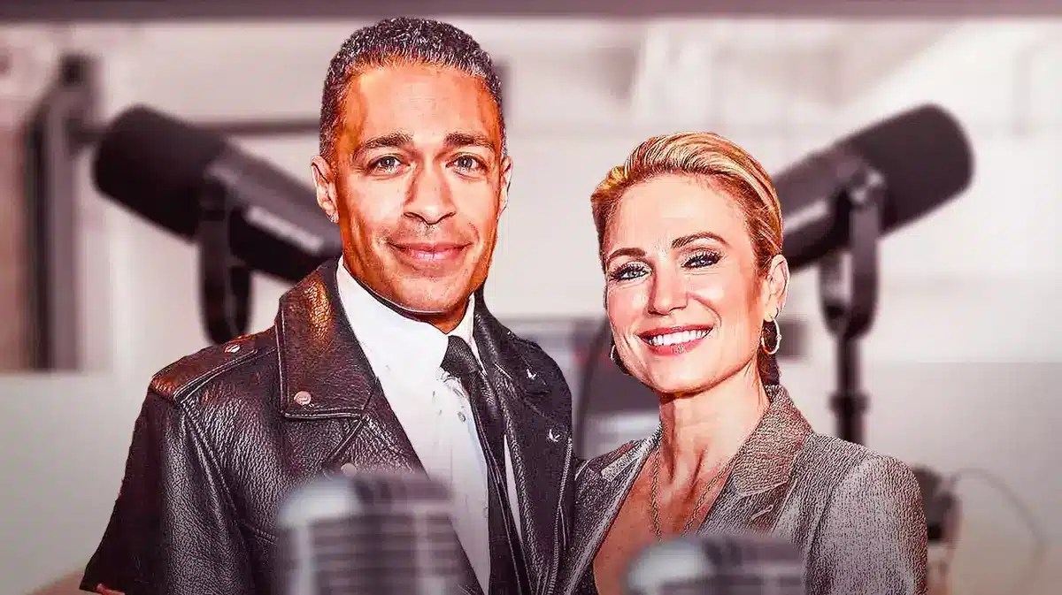 Amy Robach, T.J. Holmes with a podcast mic behind them