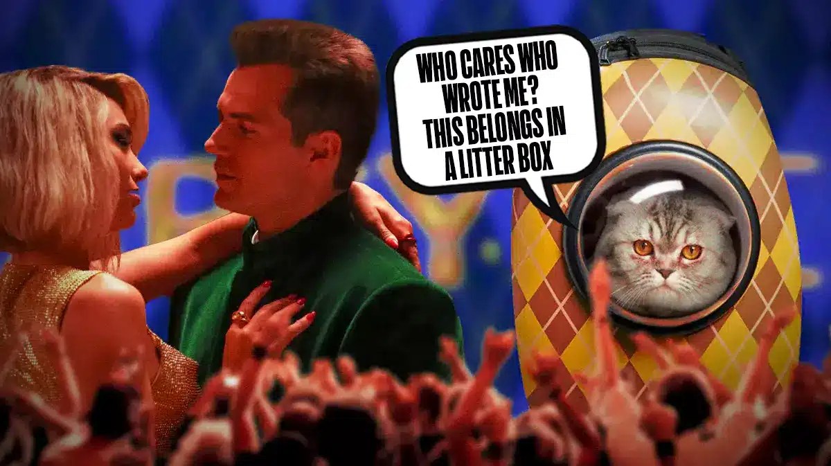 Stills from Argylle film, with the Agent Argylle cat saying in a speech bubble, “Who cares who wrote me? This belongs in a litter box”
