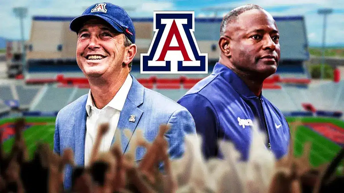 Brent Brennan and Dino Babers next to the Arizona football logo