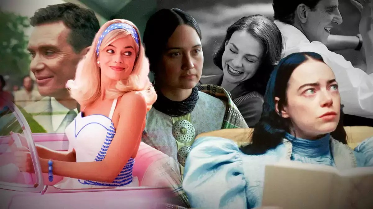 Collage of images from Oppenheimer, Barbie, Emma Stone in Poor Things, Lily Gladstone in Killers of the Flower Moon, The Holdovers and Bradley Cooper in Maestro