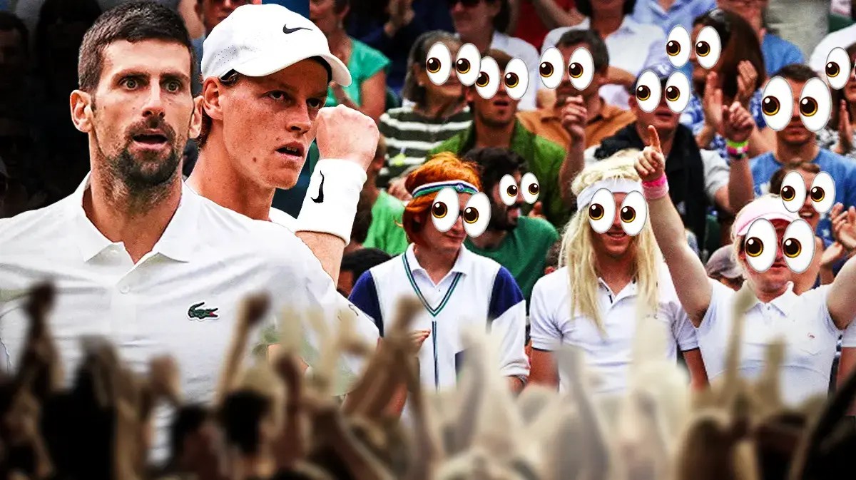 Novak Djokovic and Jannik Sinner on one side, a bunch of tennis fans on the other side with the big eyes emoji over their faces